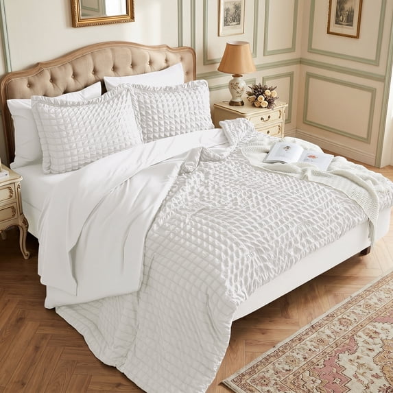 DHOLE King Comforter Set 7 Pieces – Seersucker Textured Waffle Weave Bed in a Bag, All-Season Lightweight Microfiber Bedding Sets with Sheets & Pillow Shams, Farmhouse Vintage Decor – White
