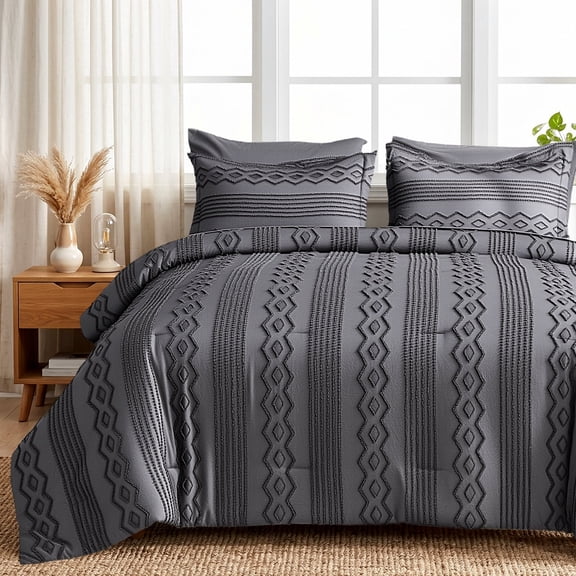 DHOLE King Size 7-Piece Bed in a Bag Comforter Set – Boho Tufted Shabby Chic Bedding, Ultra Soft Microfiber All-Season Vintage Farmhouse Duvet Cover Set with Pillow Shams - Gray