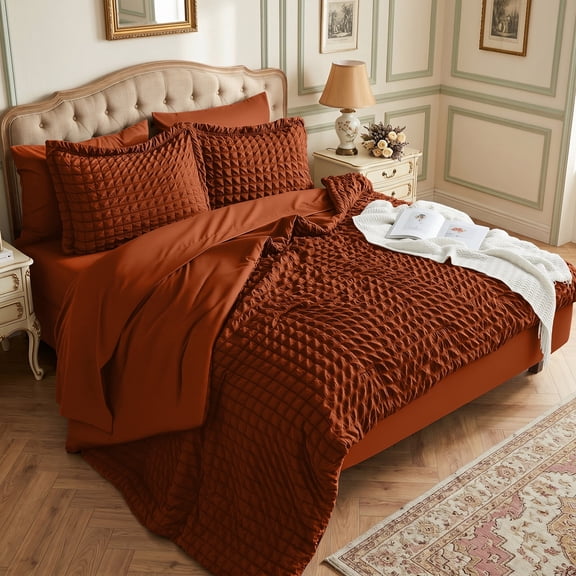 DHOLE Twin Comforter Set 5 Pieces – Seersucker Textured Waffle Weave Bed in a Bag, All-Season Lightweight Microfiber Bedding Sets with Sheets & Pillow Shams, Farmhouse Vintage Decor – Orange