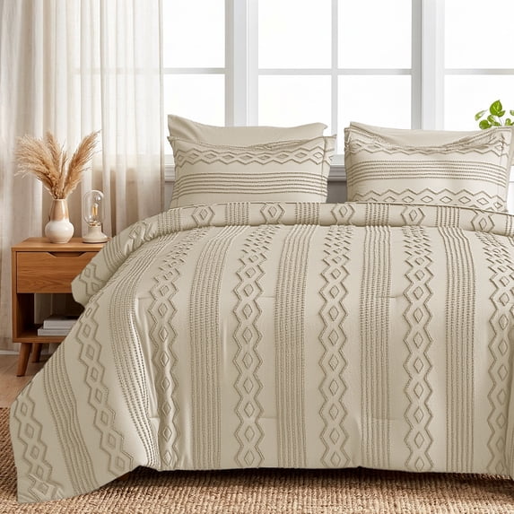DHOLE Twin Size 5-Piece Bed in a Bag Comforter Set – Boho Tufted Shabby Chic Bedding, Ultra Soft Microfiber All-Season Vintage Farmhouse Duvet Cover Set with Pillow Shams - Beige