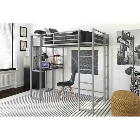 DHP Alana Twin Metal Loft Bed with Desk in Silver