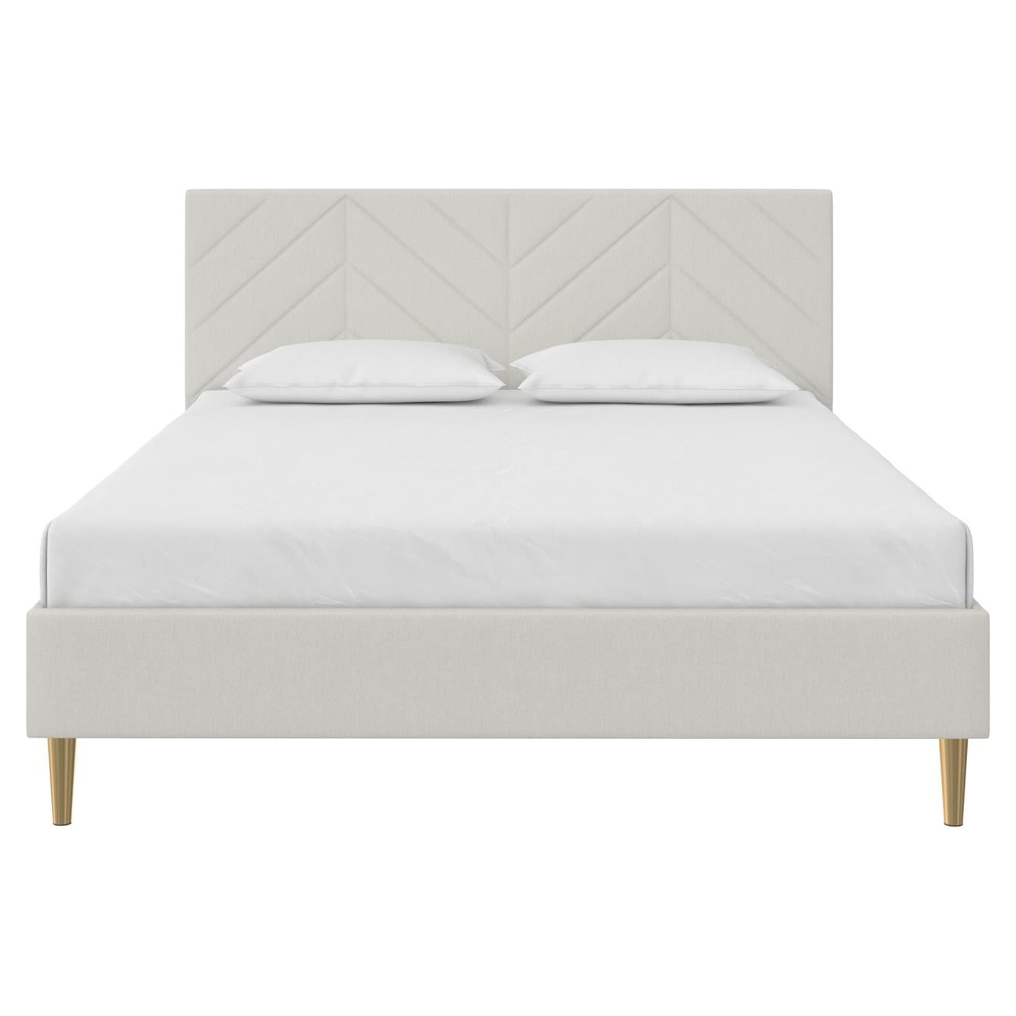 Gray Linen Queen Upholstered Platform Bed with Tufted Headboard and Gold Legs