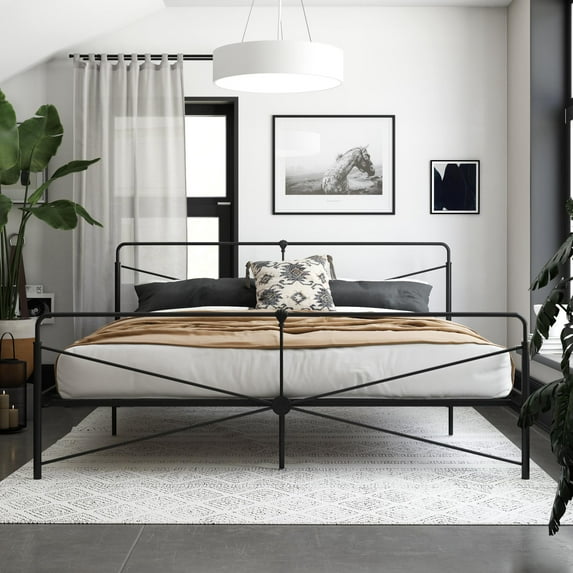 DHP Bradford Metal Bed, Frame with Headboard and Footboard, Black, King size