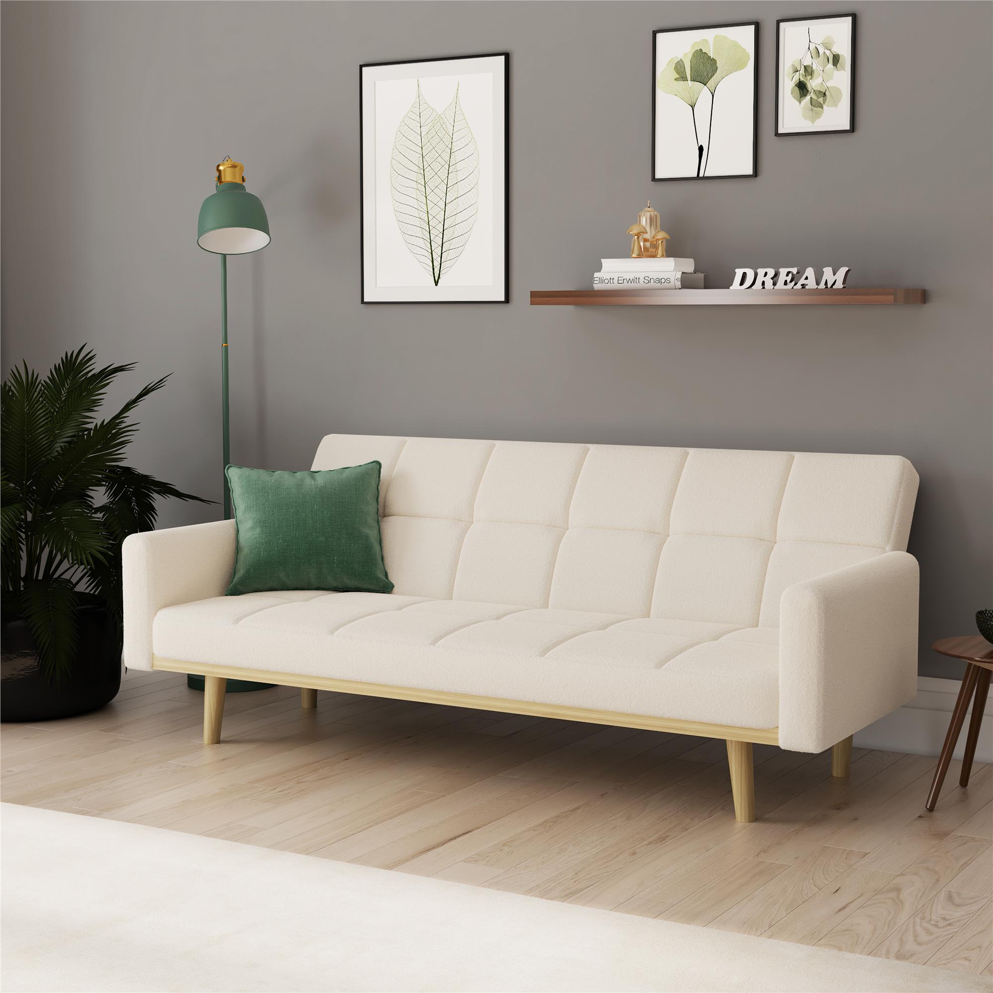 Z by Novogratz Stevie Futon, Convertible Sofa Bed Couch, Ivory Velvet