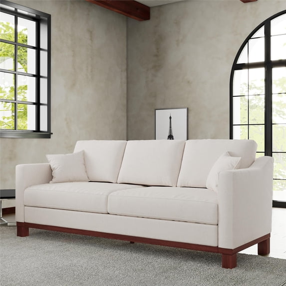 DHP Brooklyn 83" Upholstered Wood Base Sofa with 2 Throw Cushions, Textured Beige