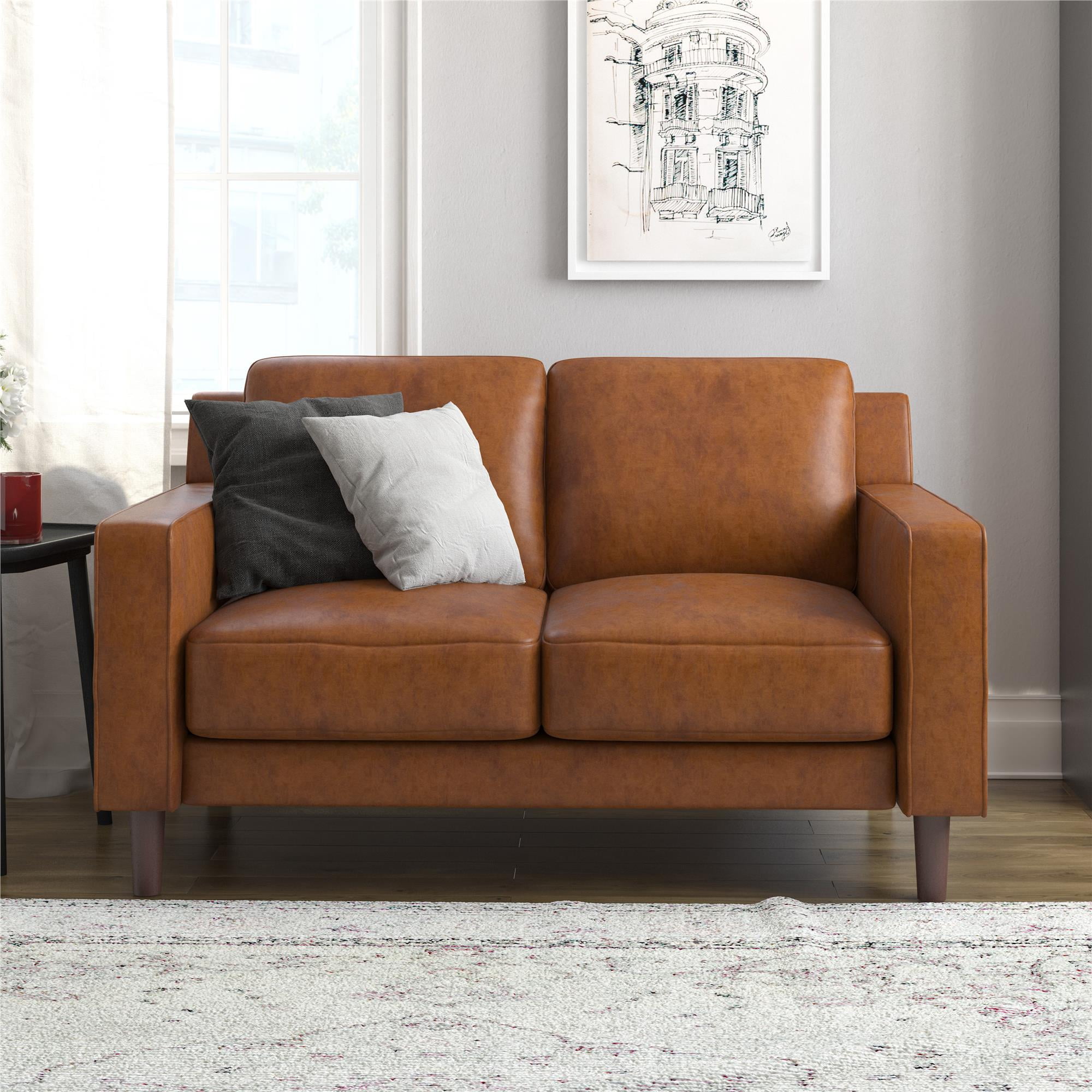 DHP Bryanna Loveseat 2 Camel Faux Leather Sofa Seater 