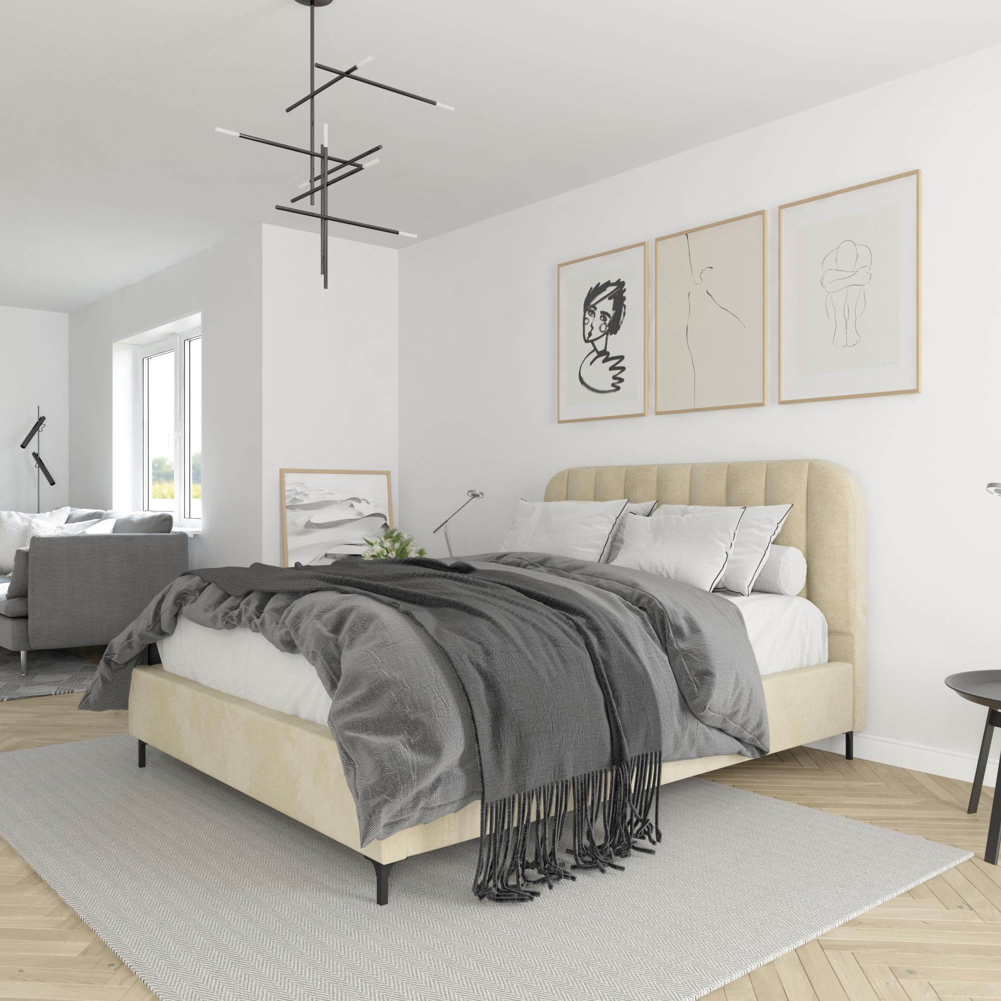 DHP Callie Upholstered Bed, Queen Size Frame, Ivory Velvet