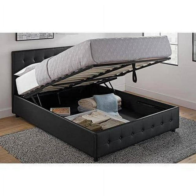 DHP Cambridge Upholstered Bed with Storage, Black Faux Leather, Queen