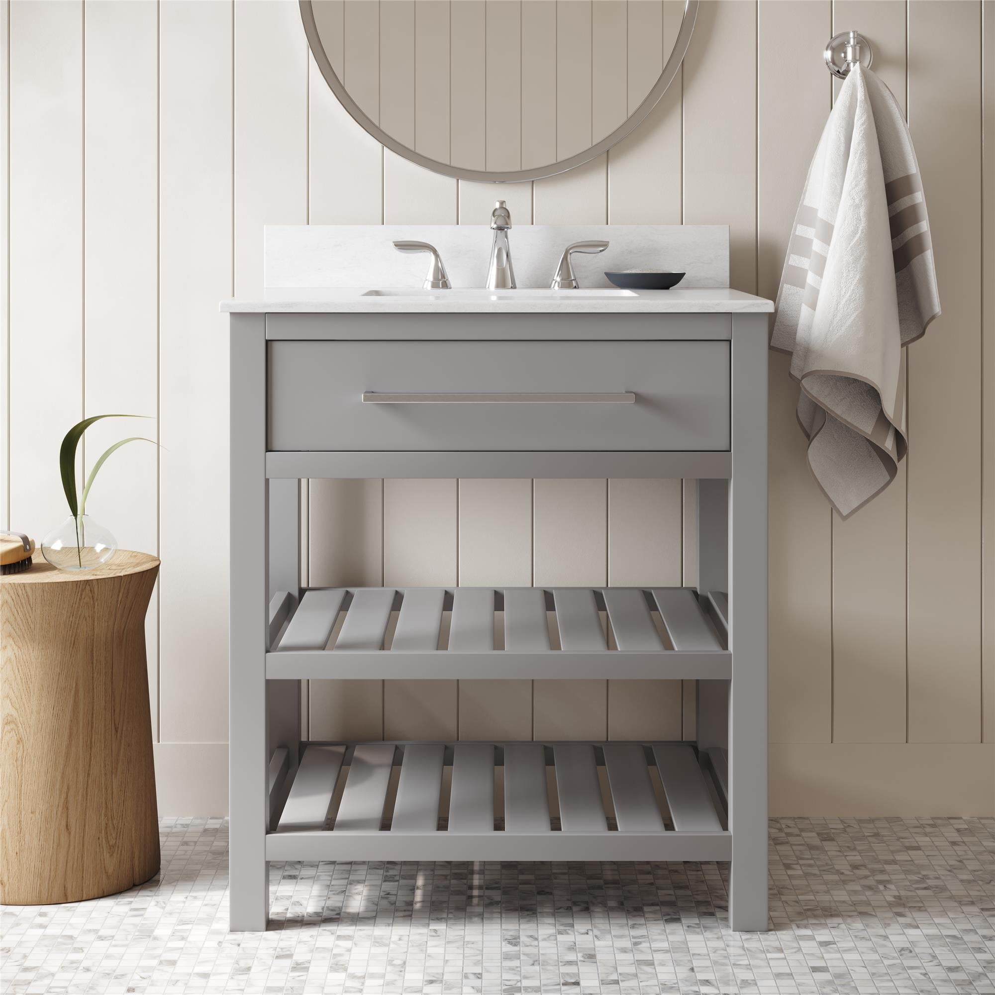 DHP Camden 30" Bathroom Vanity, Gray with Silver Towel Rack