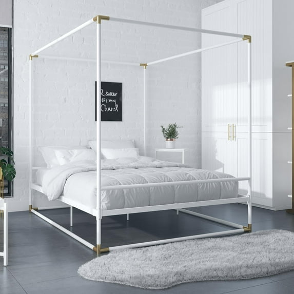 DHP Celeste Canopy Metal Bed, Queen, White with Gold Accents