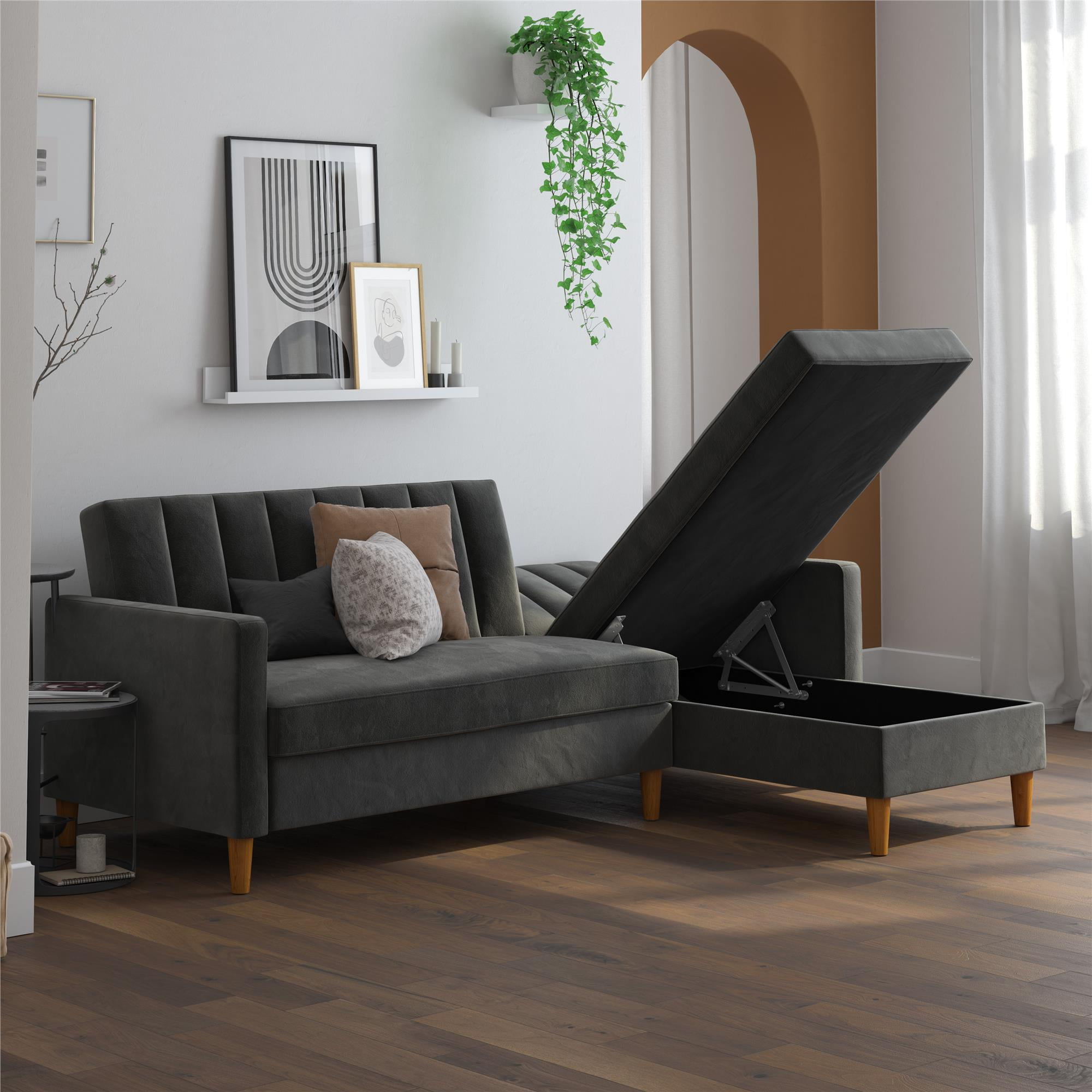 DHP Celine Futon Reversible Sectional with Storage in Dark Gray Velvet