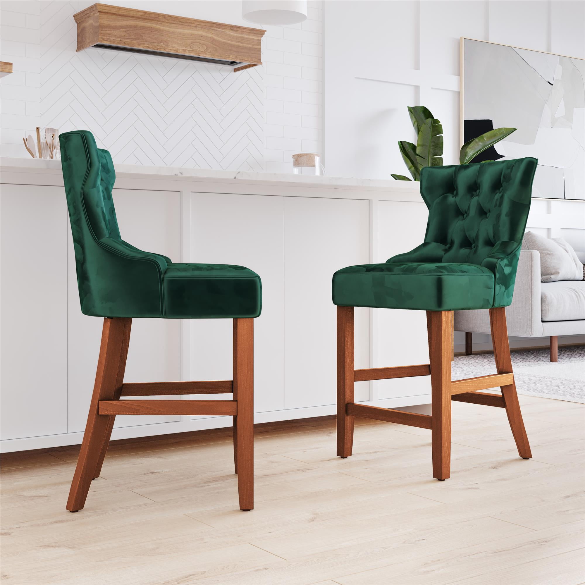 DHP Clairborne 24" Counter Height Bar Stool with Tufted Back, Set of 2, Emerald Green Velvet