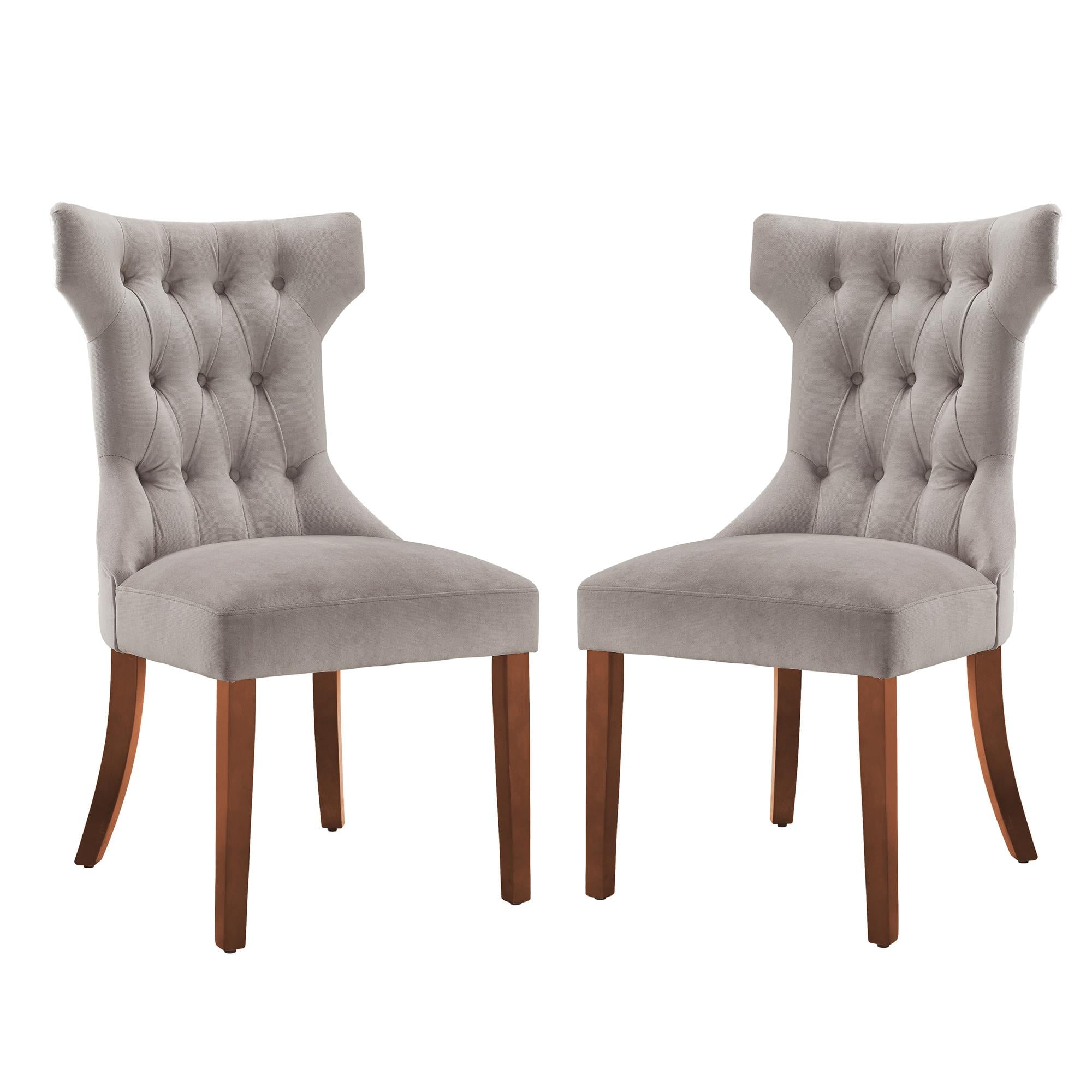 Taupe Microfiber Tufted Dining Chairs with Wood Legs, Set of 2