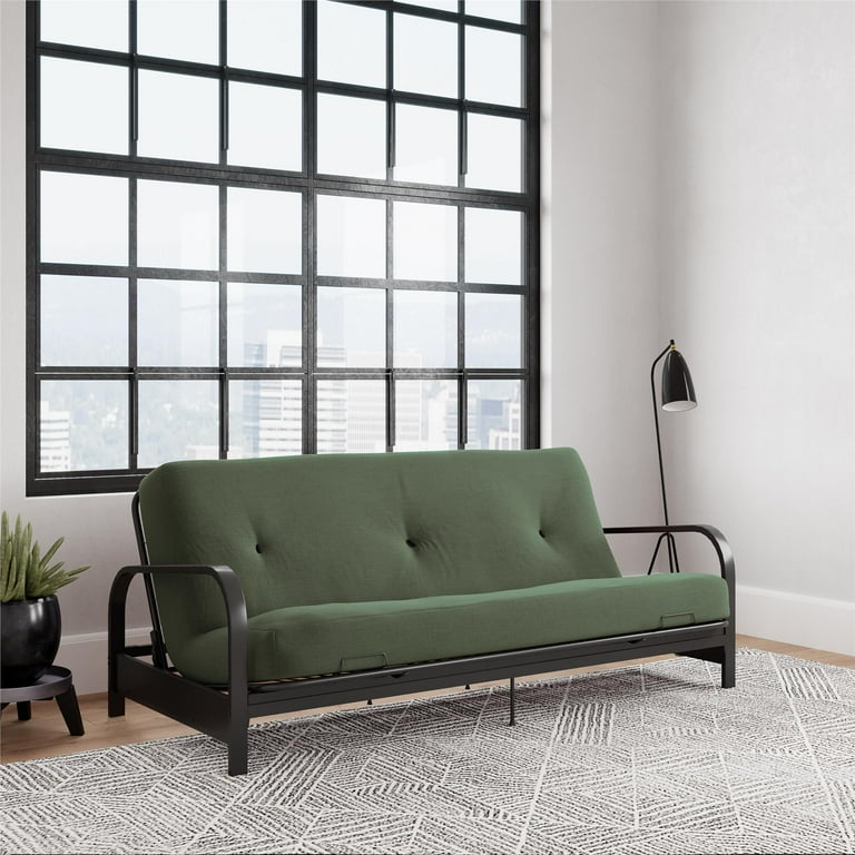DHP Cleo Black Metal Arm Full Size Futon Frame with 6 Army Green Mattress