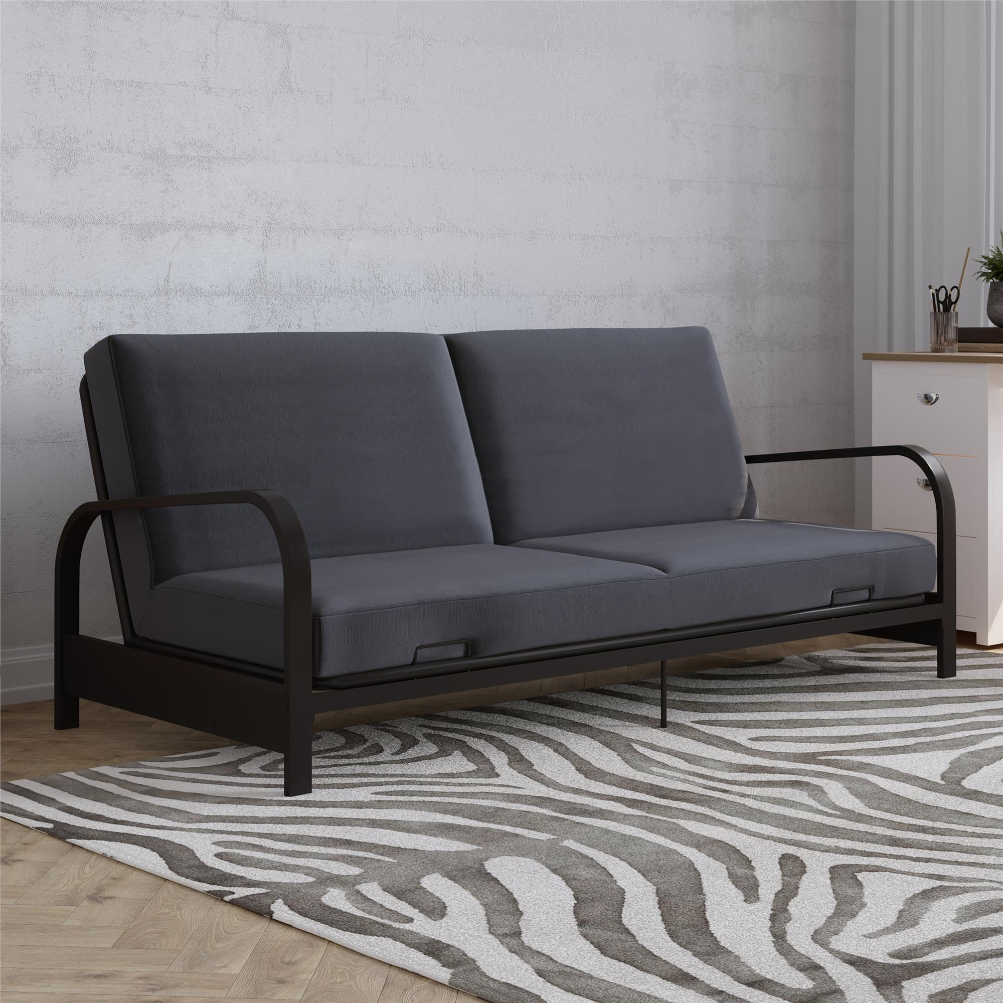 DHP College Metal Arm Futon Black Frame with Gray Mattress