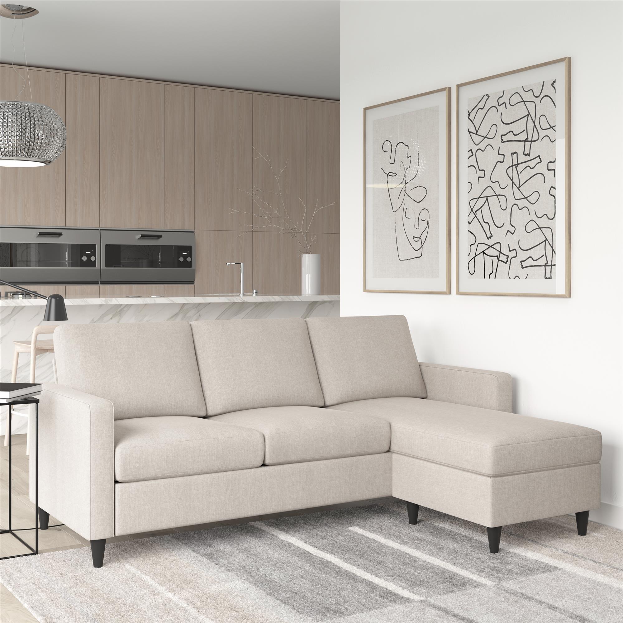 DHP Haven Small Space Sectional Sofa Futon in Light Grey Linen