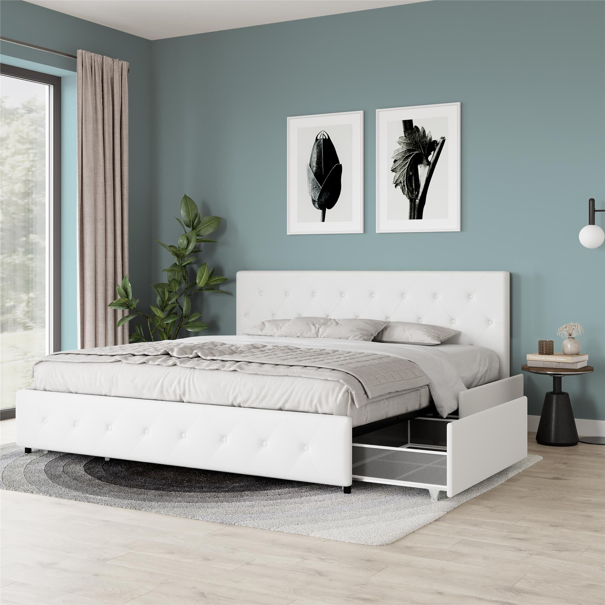 DHP Dakota Tufted Upholstered Storage Bed Frame, King, White Faux Leather