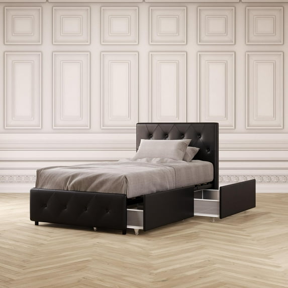 DHP Dakota Tufted Upholstered Storage Bed Frame, Twin, Black Faux Leather