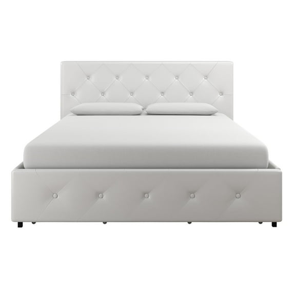 DHP Dakota Tufted Upholstered Storage Bed Frame, Queen, White Faux Leather