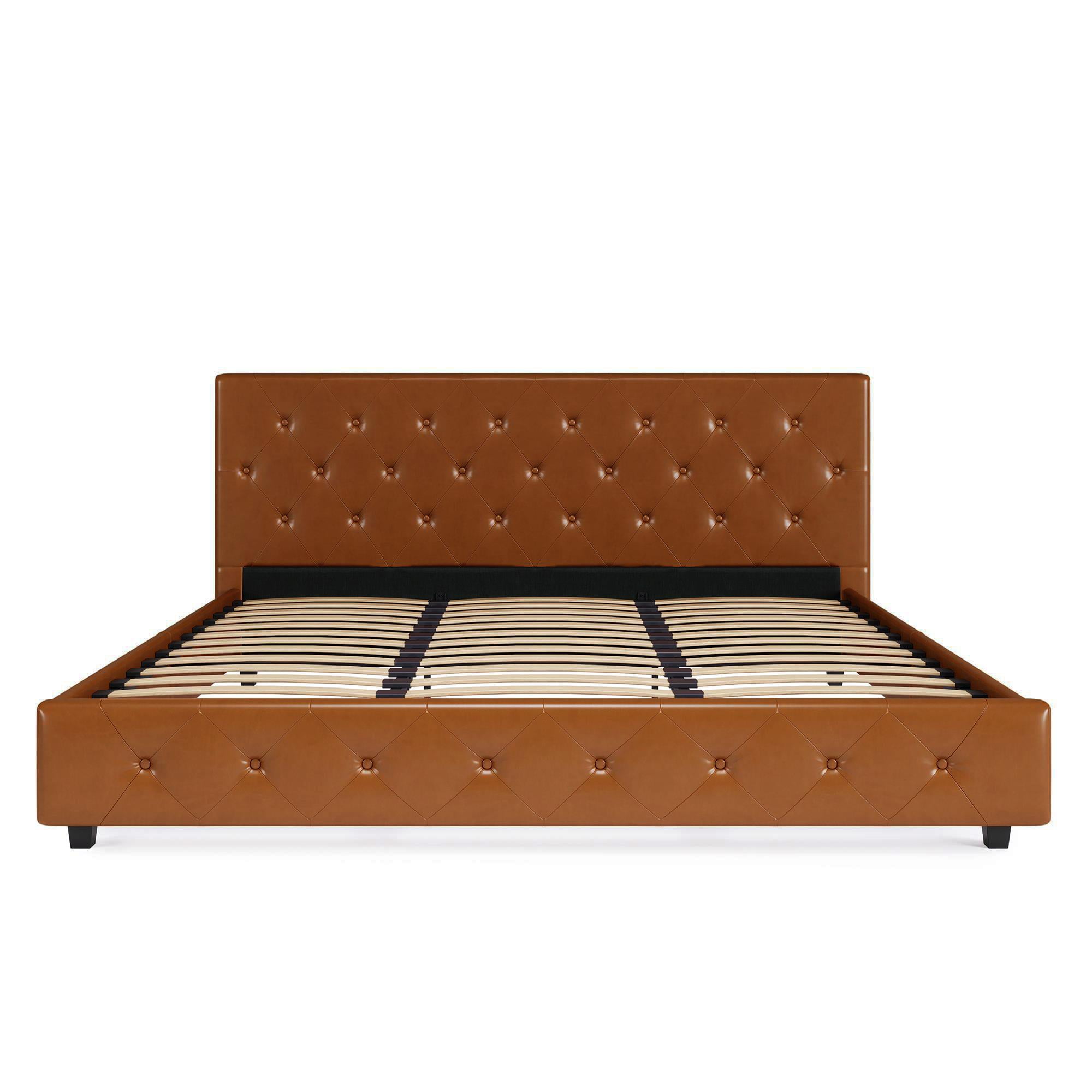 Camel Faux Leather King Platform Bed with Tufted Headboard
