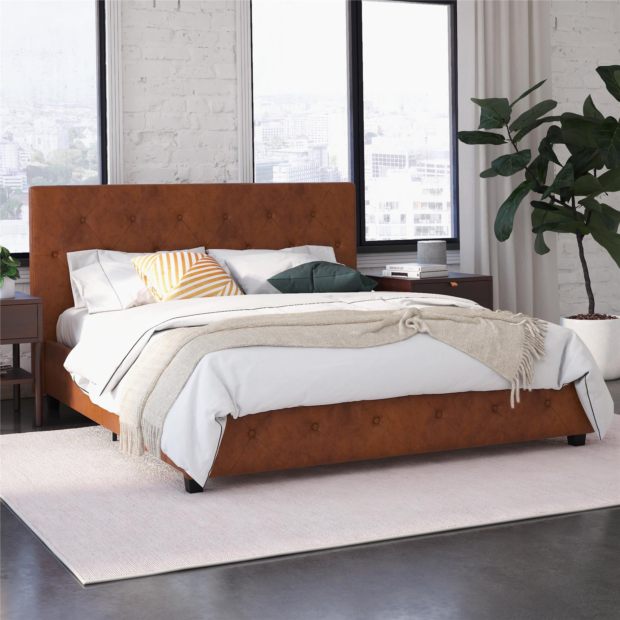DHP Dakota Upholstered Platform Bed, Queen, Camel Faux Leather