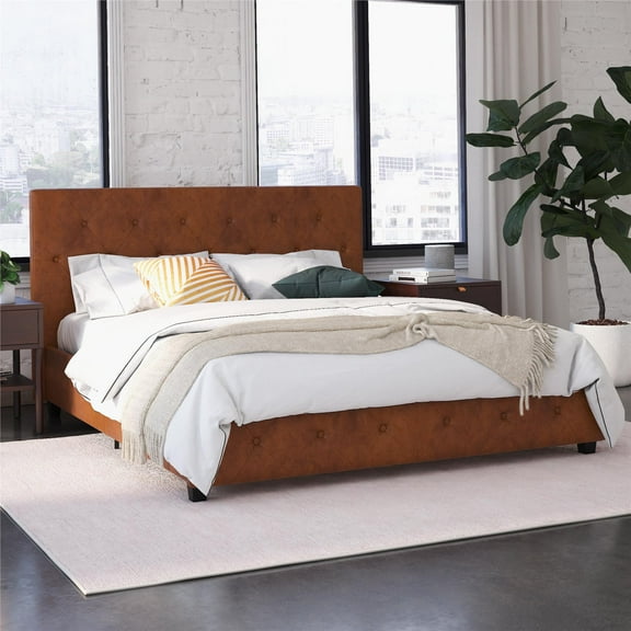 DHP Dakota Upholstered Platform Bed, Queen, Camel Faux Leather