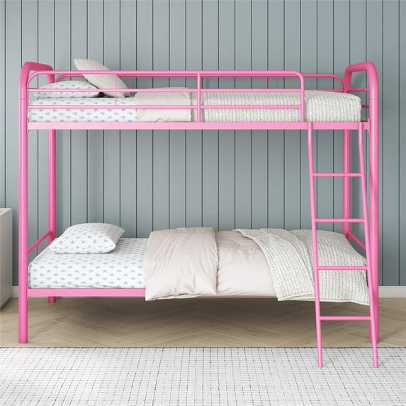 DHP Dusty Twin over Twin Metal Bunk Bed with Secured Ladder, Pink