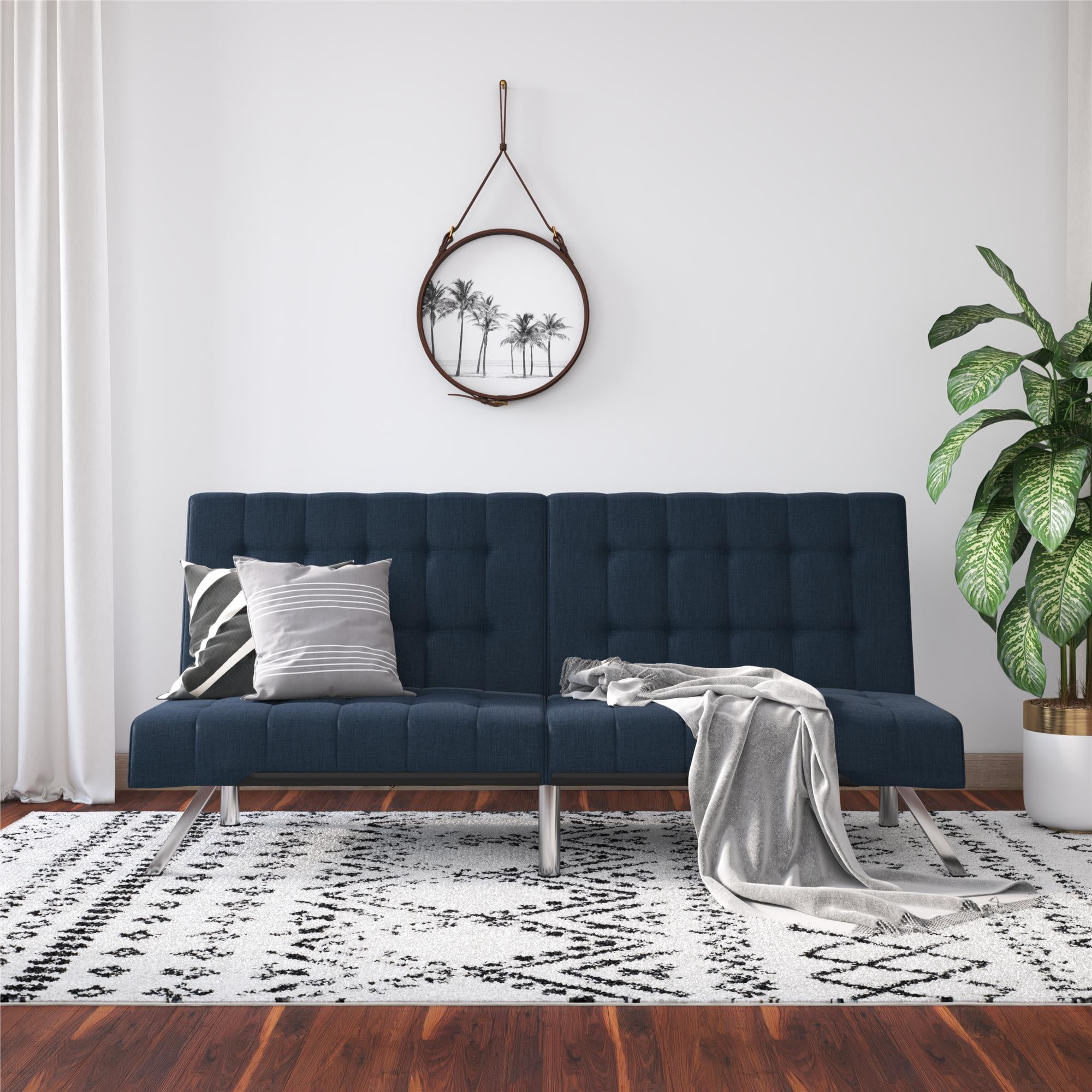 DHP Emily Convertible Tufted Futon Sofa Navy Blue Linen