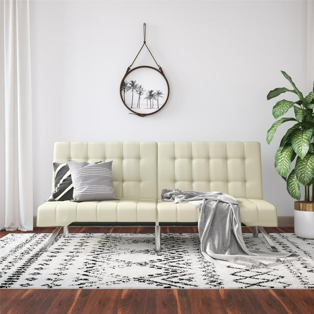 DHP Emily Convertible Tufted Futon Sofa, Vanilla Faux Leather
