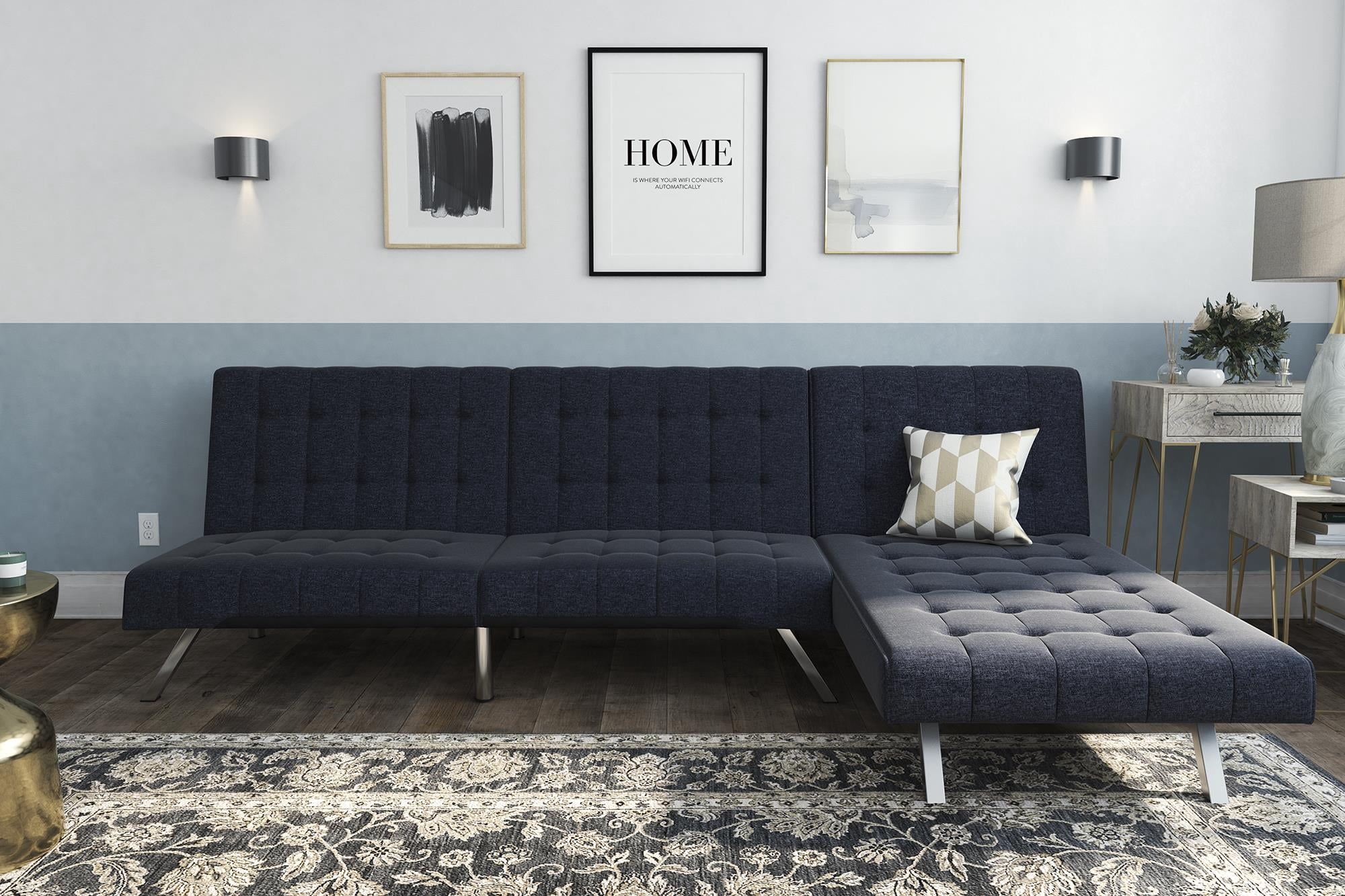 DHP Emily Sectional Futon Sofa Bed with Convertible Chaise Lounger, Modern Design with Sturdy Chrome Legs, Navy Linen