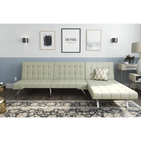 DHP Emily Sectional Futon Sofa Bed with Convertible Chaise Lounger, Modern Design with Sturdy Chrome Legs, Vanilla Faux Leather