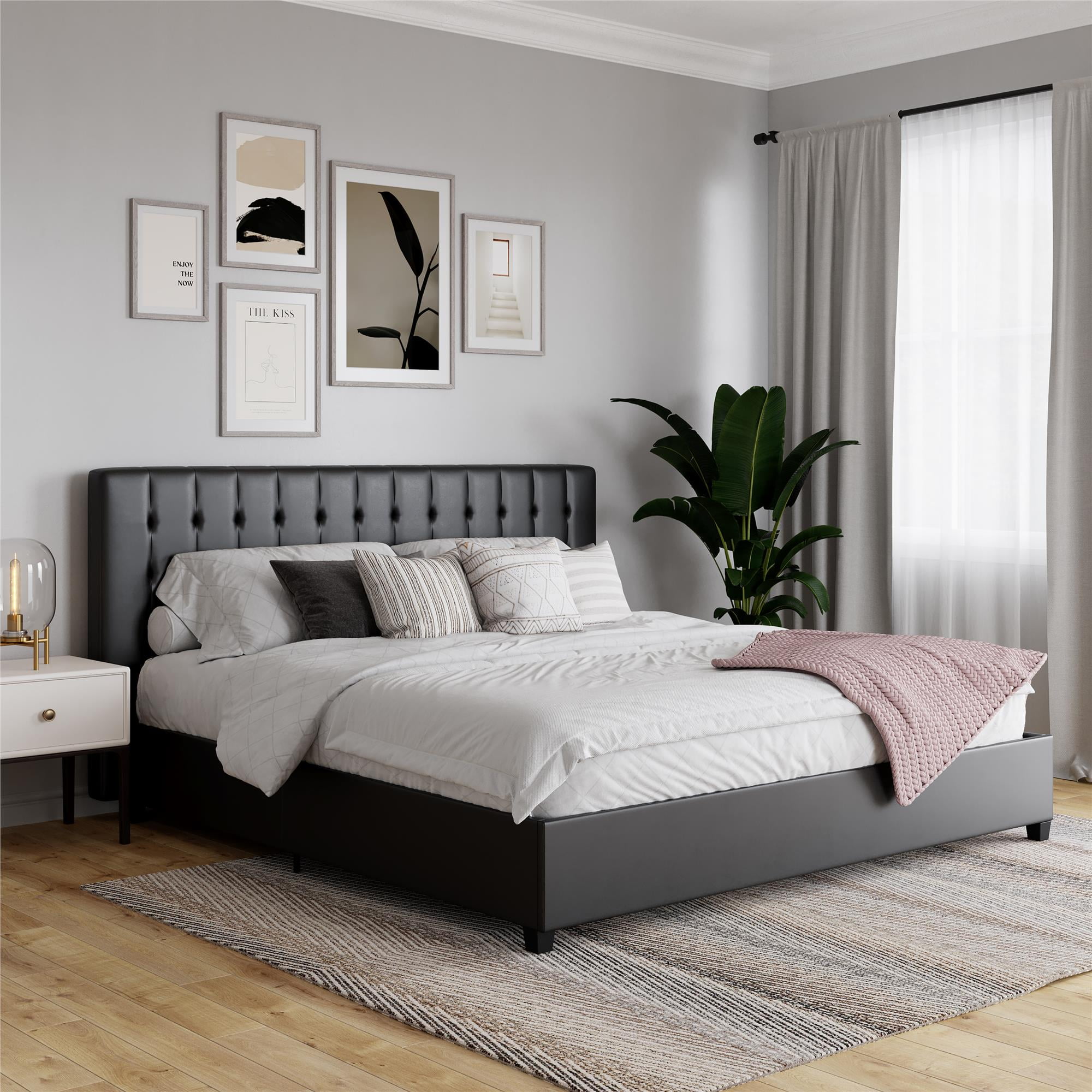 DHP Emily Upholstered Bed, Black Faux Leather, King