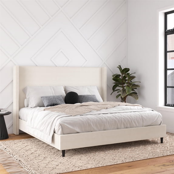 DHP Eveline Upholstered Platform Bed Frame with High Wingback Headboard, King, Textured Ivory Canvas