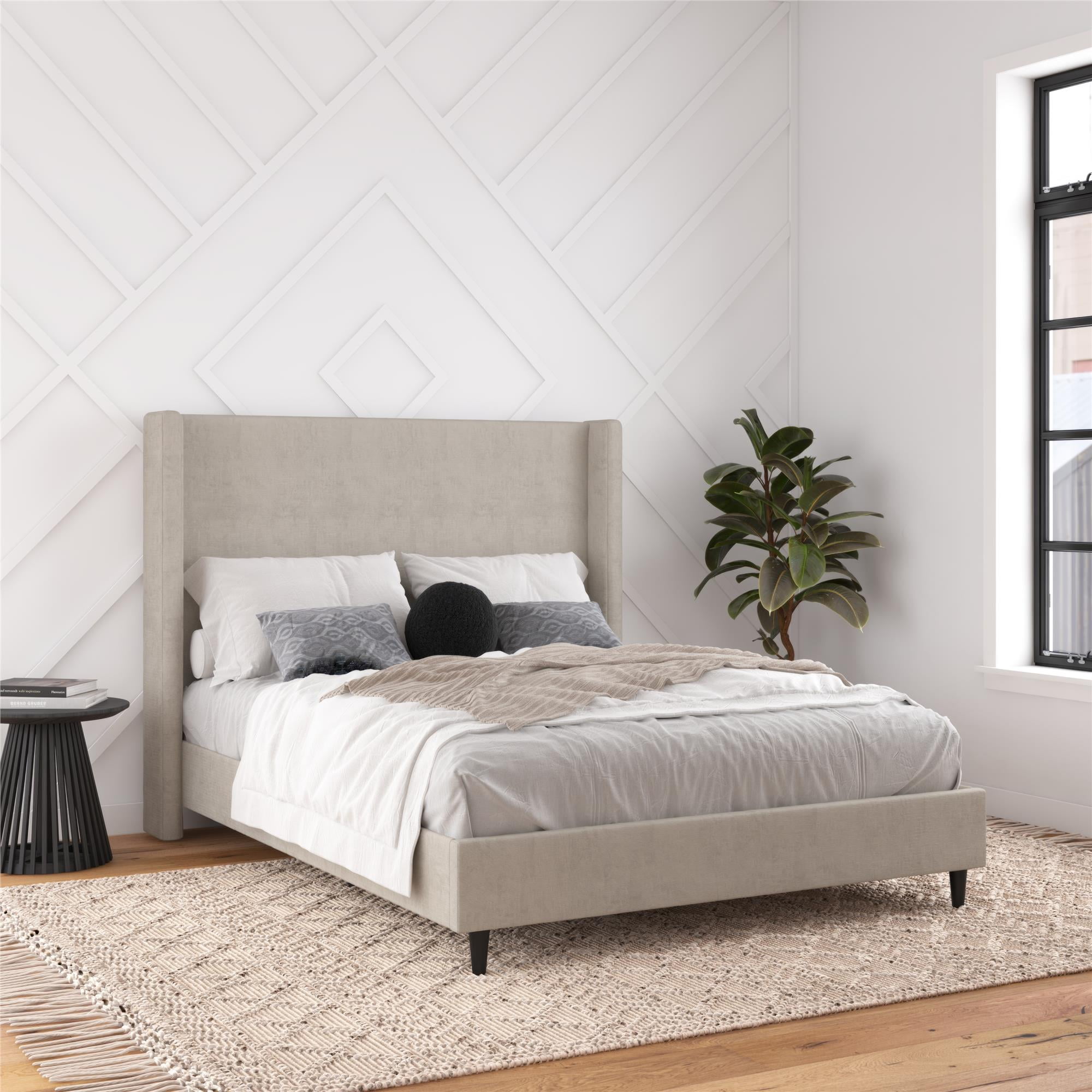 DHP Eveline Upholstered Platform Bed Frame with High Wingback Headboard, Queen, Soft Woven Light Gray