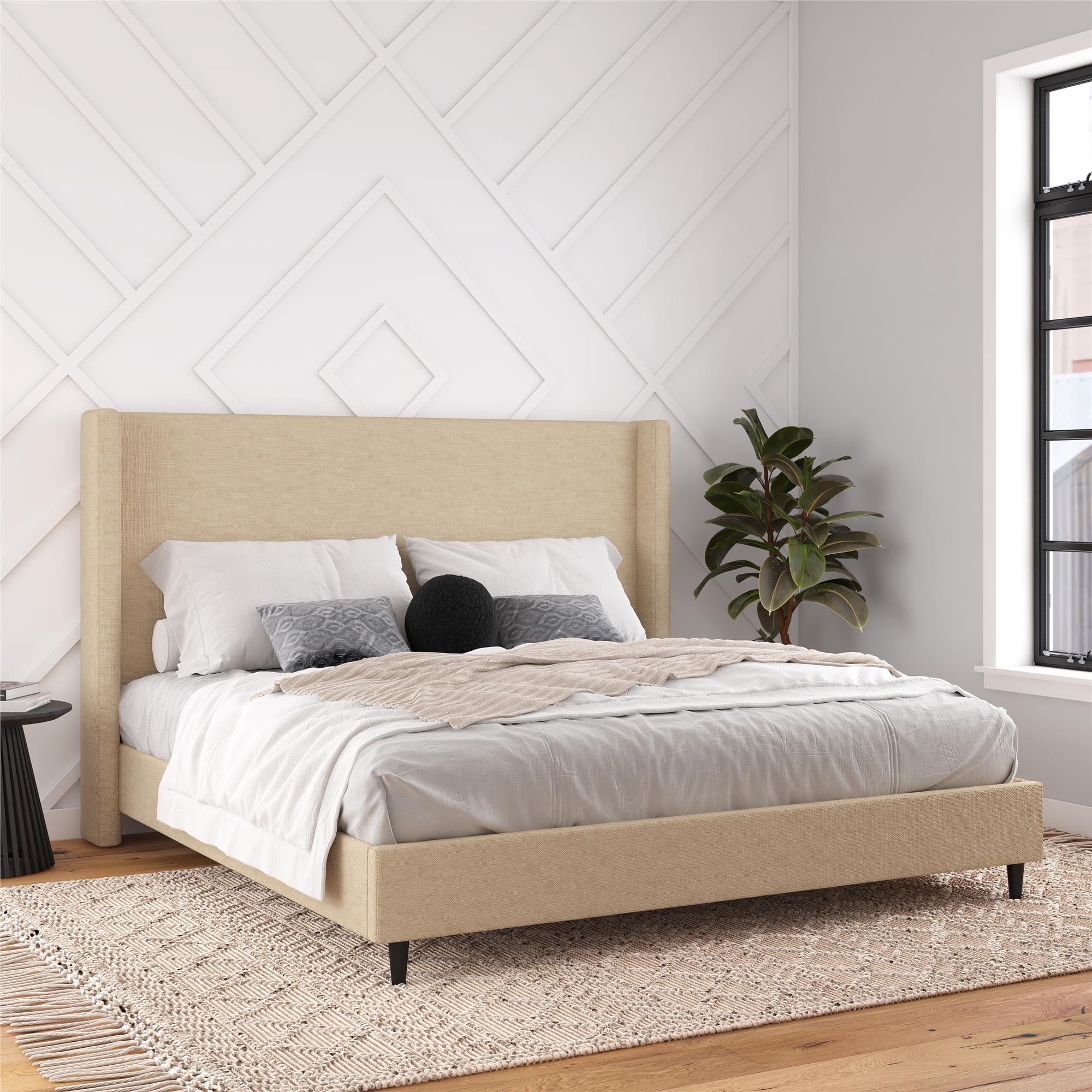 DHP Eveline Upholstered Platform Bed Frame with High Wingback Headboard, King, Textured Beige Canvas