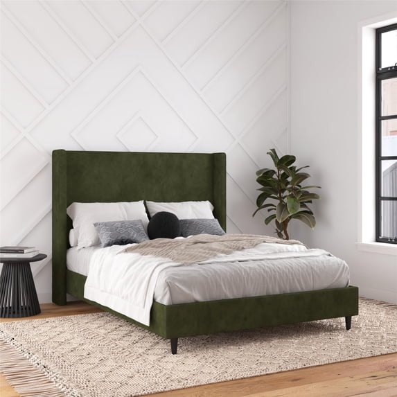 DHP Eveline Upholstered Platform Bed Frame with High Wingback Headboard, Queen, Soft Woven Green