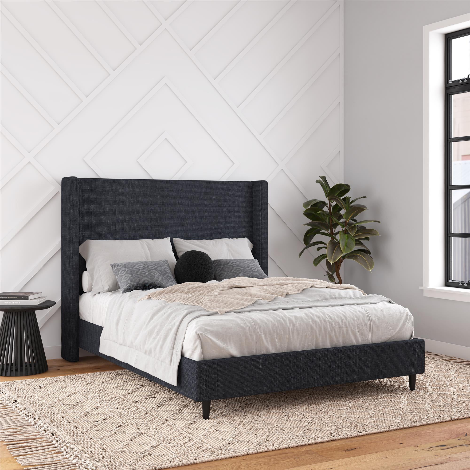 DHP Eveline Upholstered Platform Bed Frame with High Wingback Headboard, Queen, Textured Dark Blue Canvas