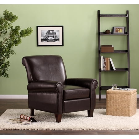 Classic Faux Leather Club Chair with Rolled Back Design and Wood Legs, Brown