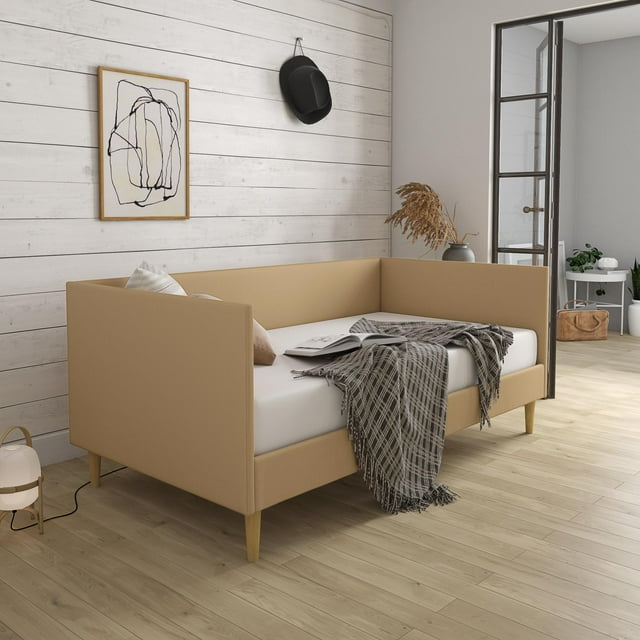 DHP Franklin MidCentury Upholstered Daybed Frame, Tan Linen, Twin
