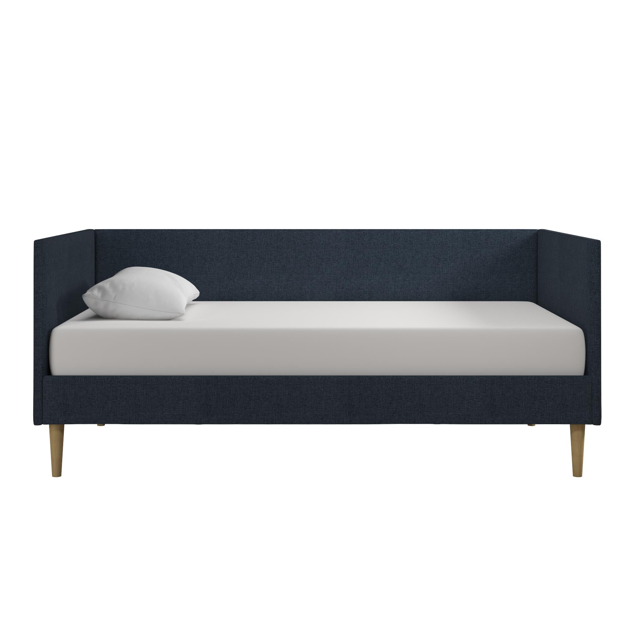 Twin Blue Linen Upholstered Daybed with Drawer and Wood Frame