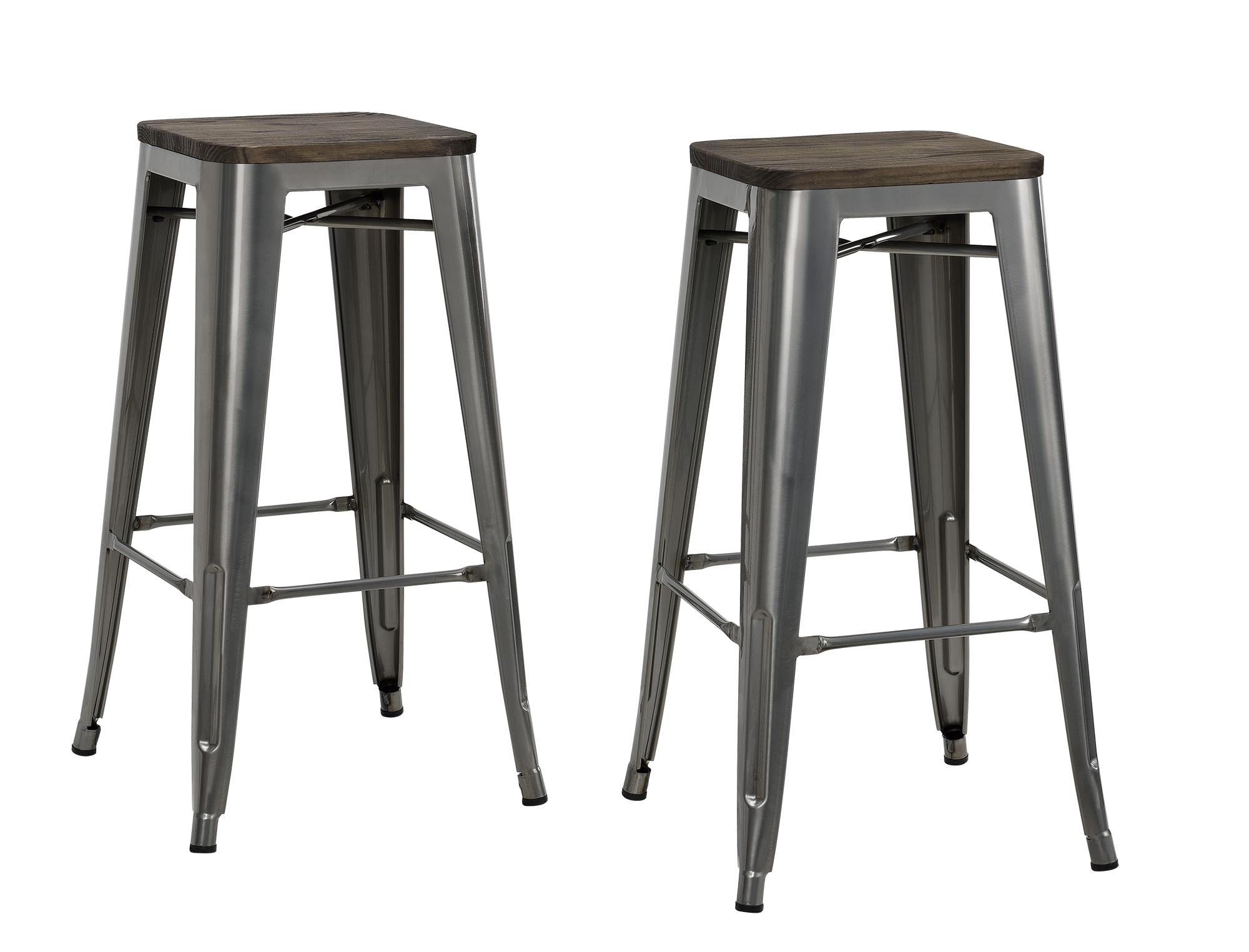 DHP Fusion 30" Stackable Metal Backless Bar Stool with Wood Seat, Gun Metal, Set of 2
