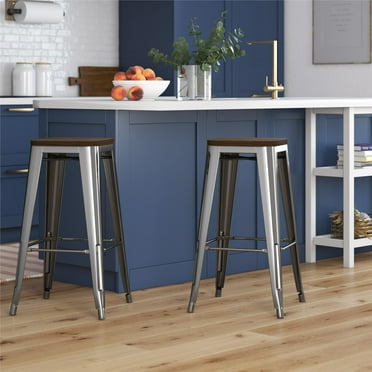 DHP Fusion 30" Stackable Metal Backless Bar Stool with Wood Seat, Gun Metal, Set of 2