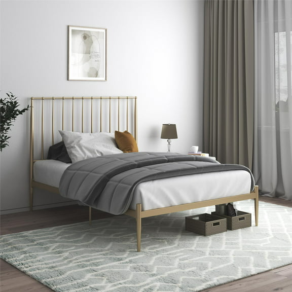 DHP Giulia Metal Platform Bed with Headboard and Underbed Storage Space, Queen, Gold