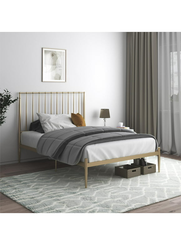 DHP Giulia Metal Platform Bed with Headboard and Underbed Storage Space, Queen, Gold