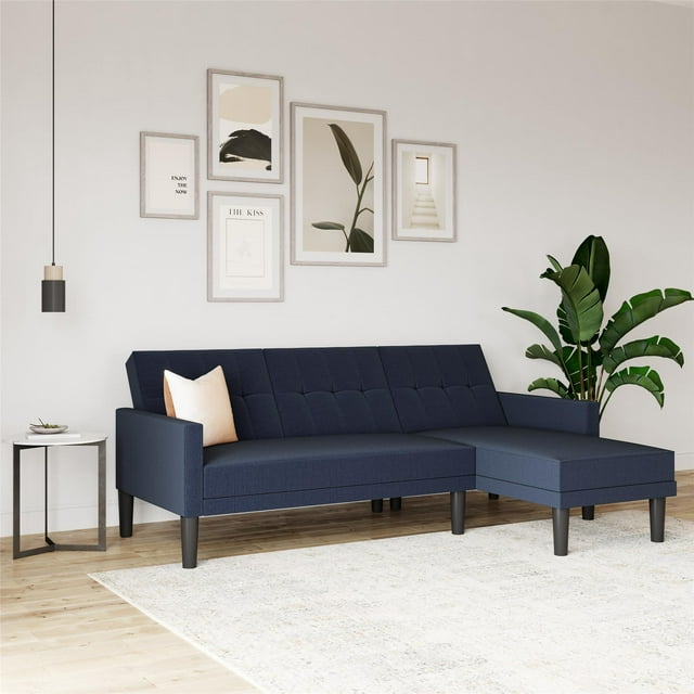 DHP Hudson Small Space Sectional Sofa Futon, Blue Linen