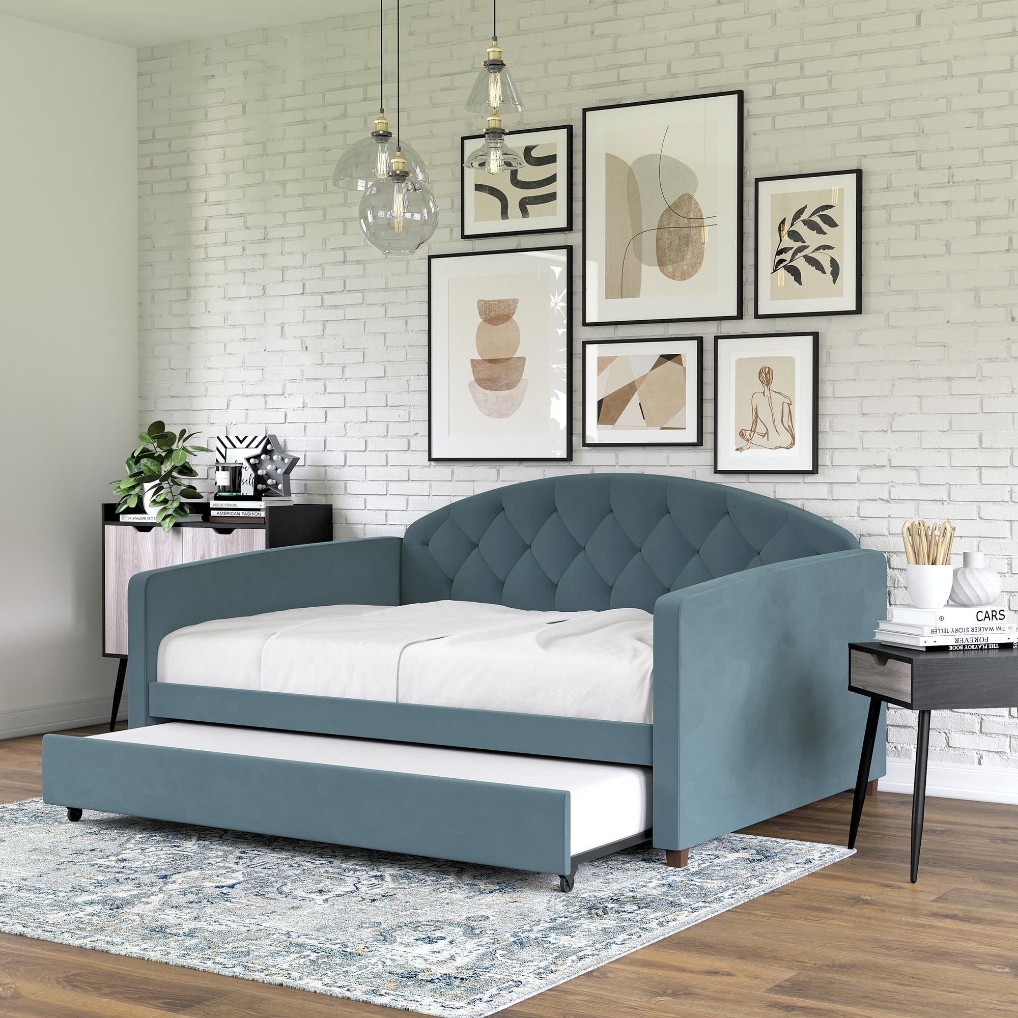 Navy Blue Velvet Full Daybed with Trundle and Storage