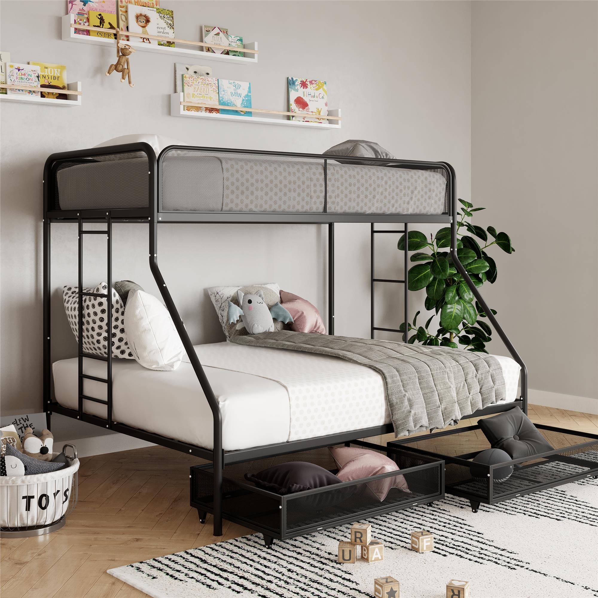 DHP Jaxon Twin/Full Kids Bunk Bed with Ladder, Storage Drawers, Black