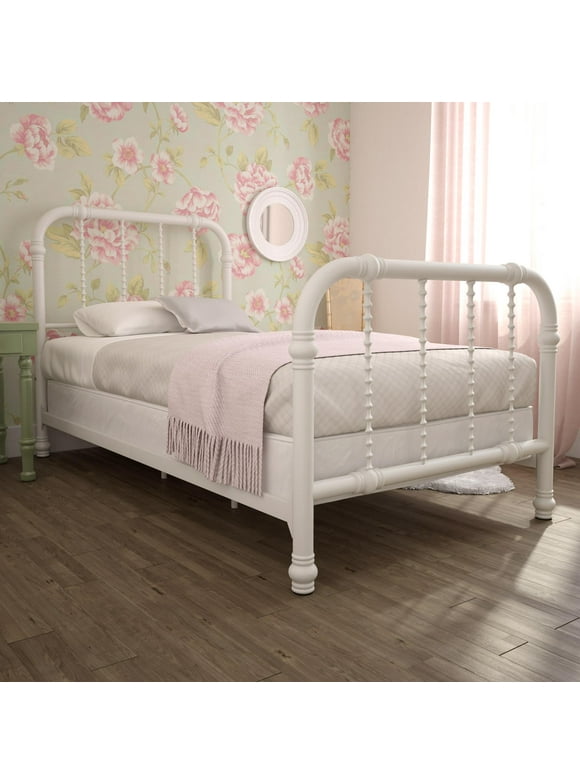 DHP Jenny Lind Kids Metal Bed Frame with Headboard, Twin, White