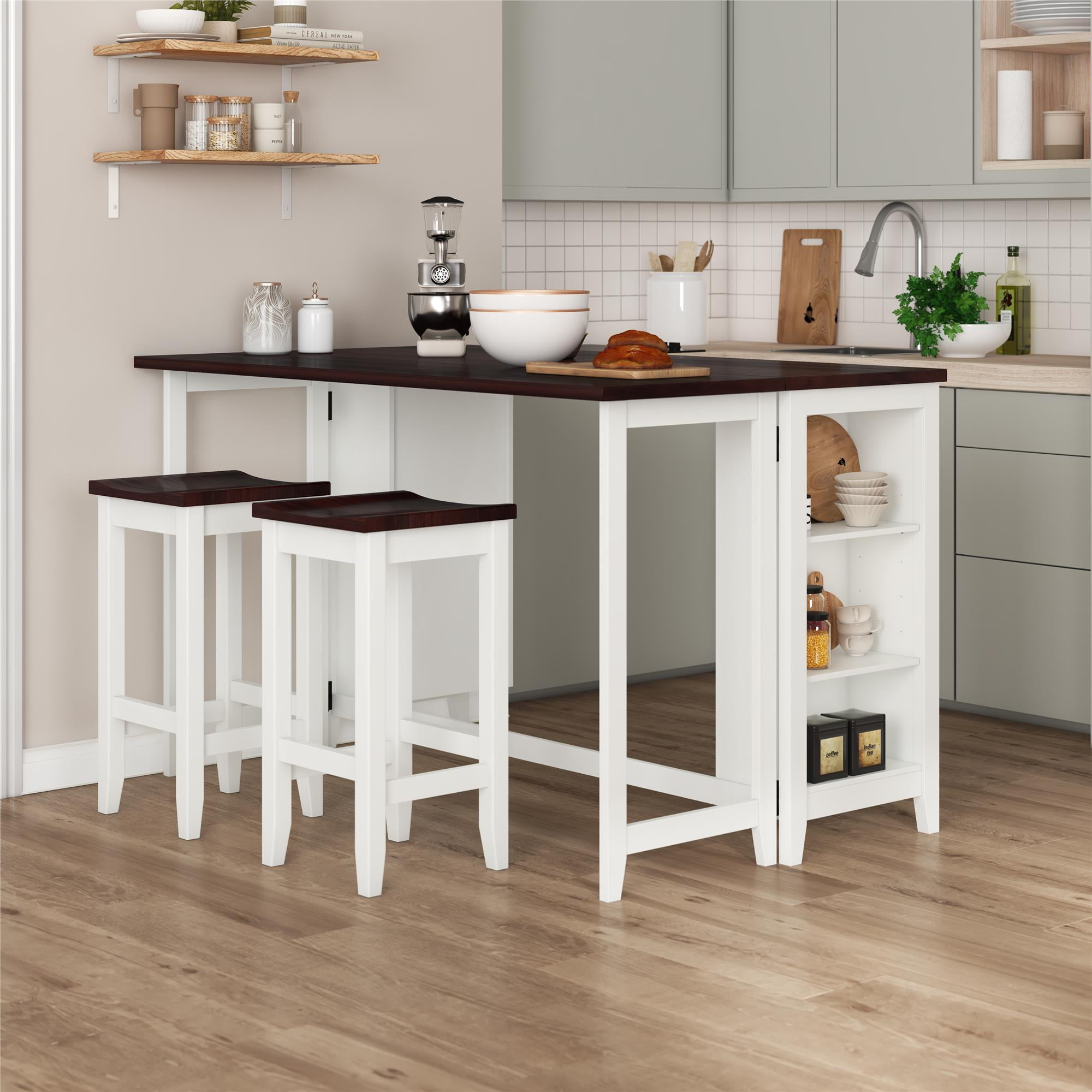 White and Walnut Acacia Wood Counter Height Dining Set with Drop Leaf