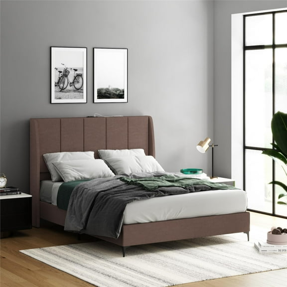 DHP Lamora Upholstered Wingback Bed Frame with USB, Queen, Taupe Linen